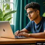 Home 18 목적 중심 삶 설계를 위한 온라인 리소스 활용 방법 - A cozy home office setup with a young Brazilian adult studying intently on a laptop, surrounded by d...