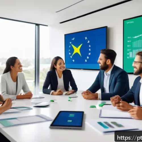 Home 17 목적 중심적 목표 관리 기법 - A modern office scene with a diverse Brazilian business team gathered around a sleek conference tabl...