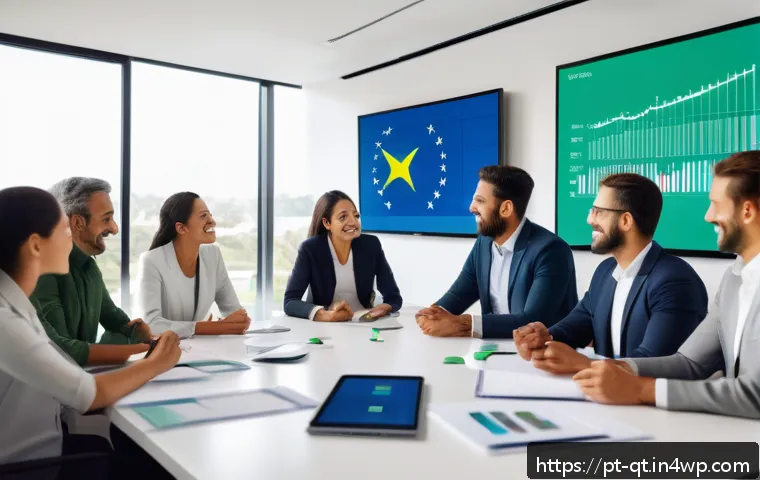 목적 중심적 목표 관리 기법 - A modern office scene with a diverse Brazilian business team gathered around a sleek conference tabl...