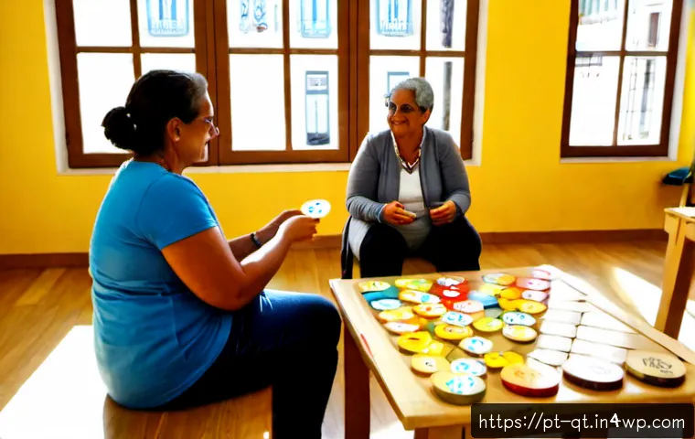 Home 17 목적 중심적 삶을 위한 커뮤니티 구축 방법 - Photorealistic community workshop in a bright Lisbon neighborhood library, diverse Portuguese-speaki...